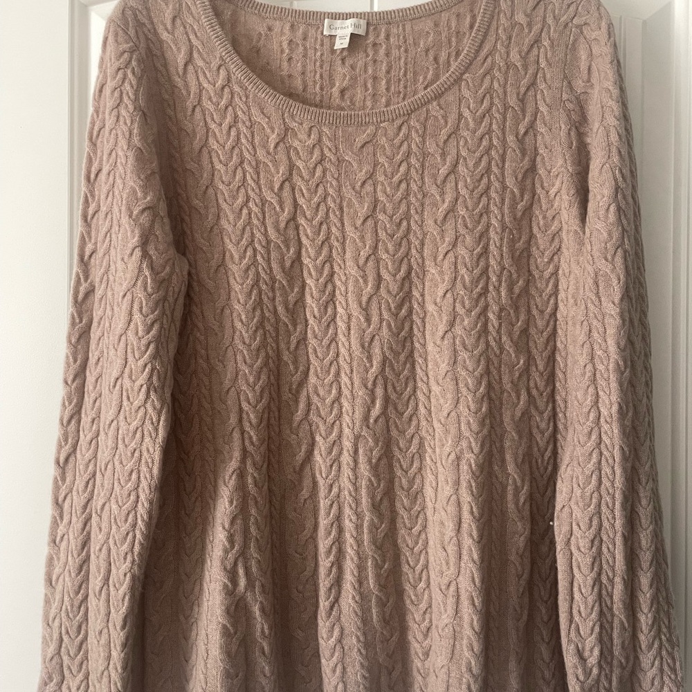 Garnet Hill Cable Knit Scoop Neck Sweater - Blush Taupe 100% Cashmere